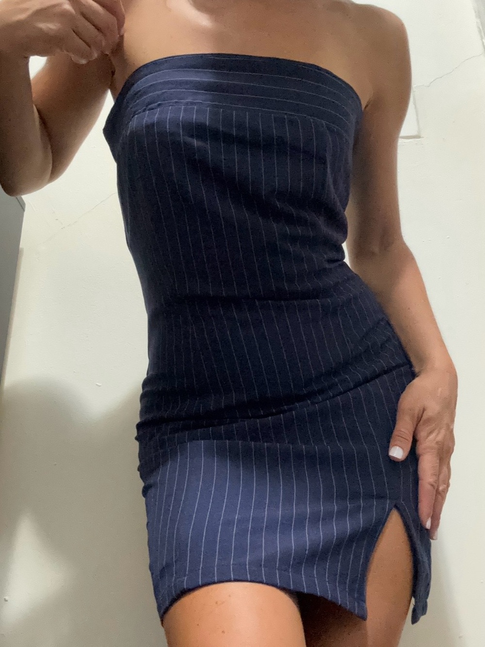 Princess Polly Straplessw Navy Pinstripe Dress